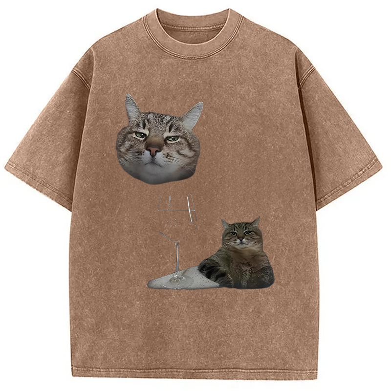 Modecanvas Funny Cat And Wine Art Cats Drinking Washed T-Shirt