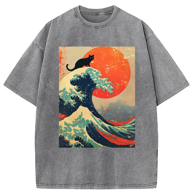 Modecanvas Black Cat On Great Wave Washed T-Shirt
