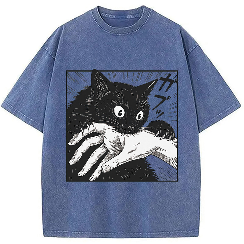 Modecanvas Vintage Black Cat Bite Washed T-Shirt