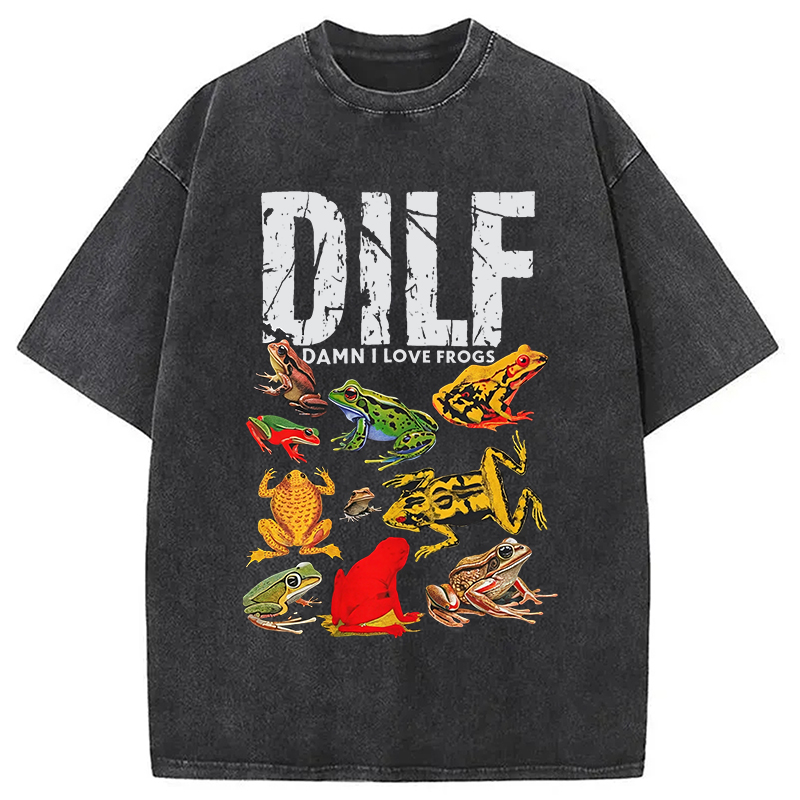 Modecanvas DILF Man I Love Frogs Funny Meme Washed T-Shirt-modecanvas
