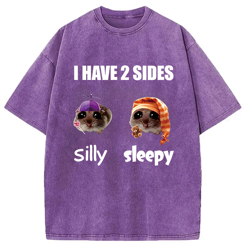Modecanvas I Have 2 Sides Silly Sleepy Rat Meme DTG Printing Washed T-Shirt