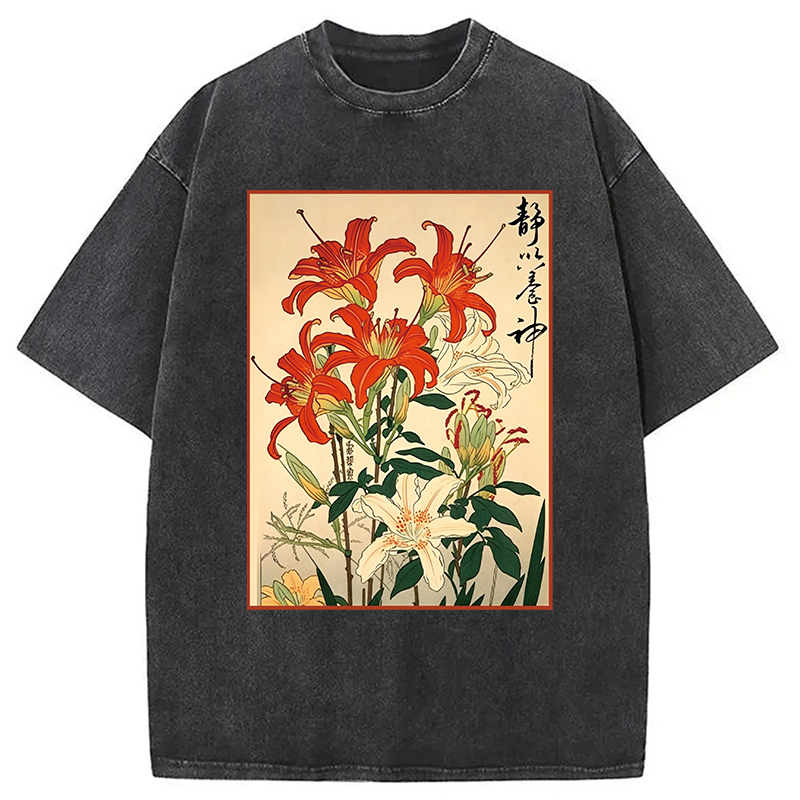 Modecanvas Red And White Lilies DTG Printing Washed T-Shirt