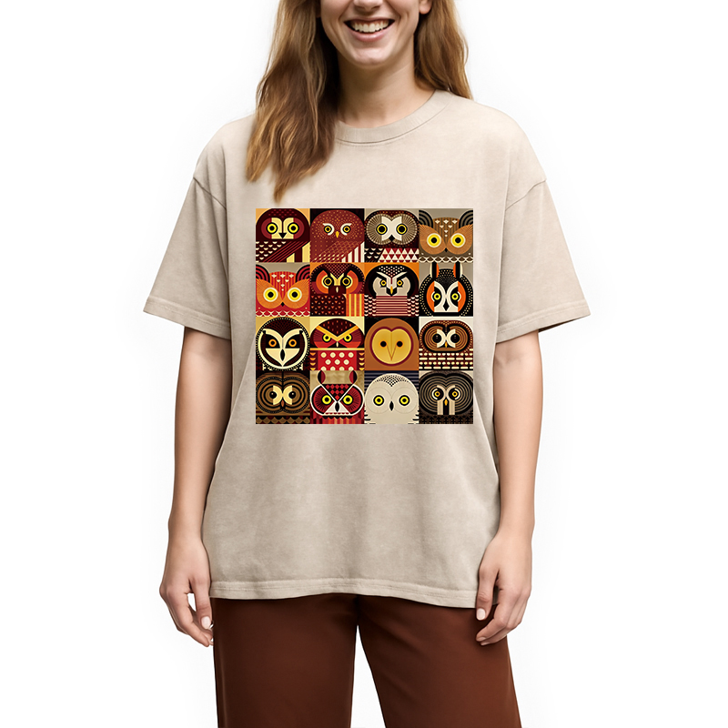 Modecanvas All Kinds Of Owls DTG Printing Washed T-Shirt