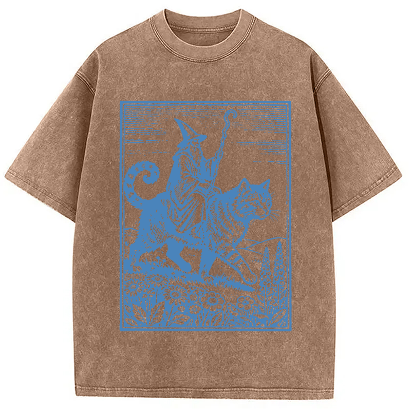 Modecanvas Wizard Cat Rider Vintage DTG Printing Washed T-Shirt