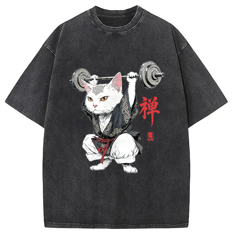 Modecanvas Zen Samurai Cat Weightlifter DTG Printing Washed T-Shirt