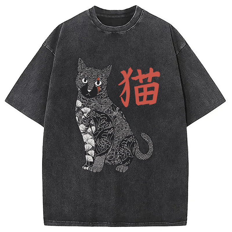 Modecanvas Tattooed Cat Japanese Vintage Washed T-Shirt