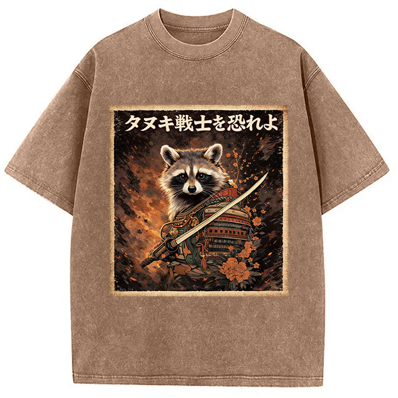 Modecanvas Japanese Raccoon Samurai Funny DTG Printing Washed T-Shirt