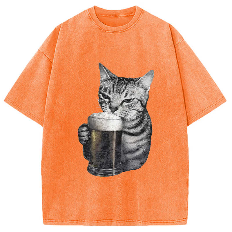 Modecanvas Cheers With The Cat Washed T-Shirt-modecanvas
