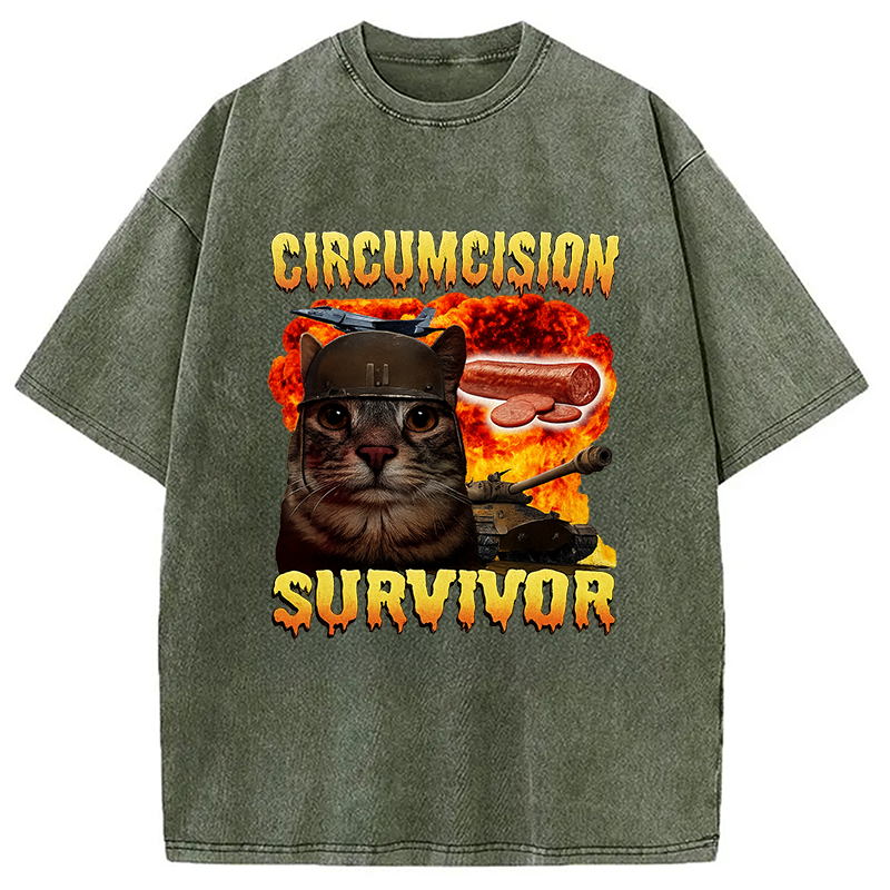 Modecanvas Circumcision Survivor Funny Cat Meme Washed T-Shirt-modecanvas