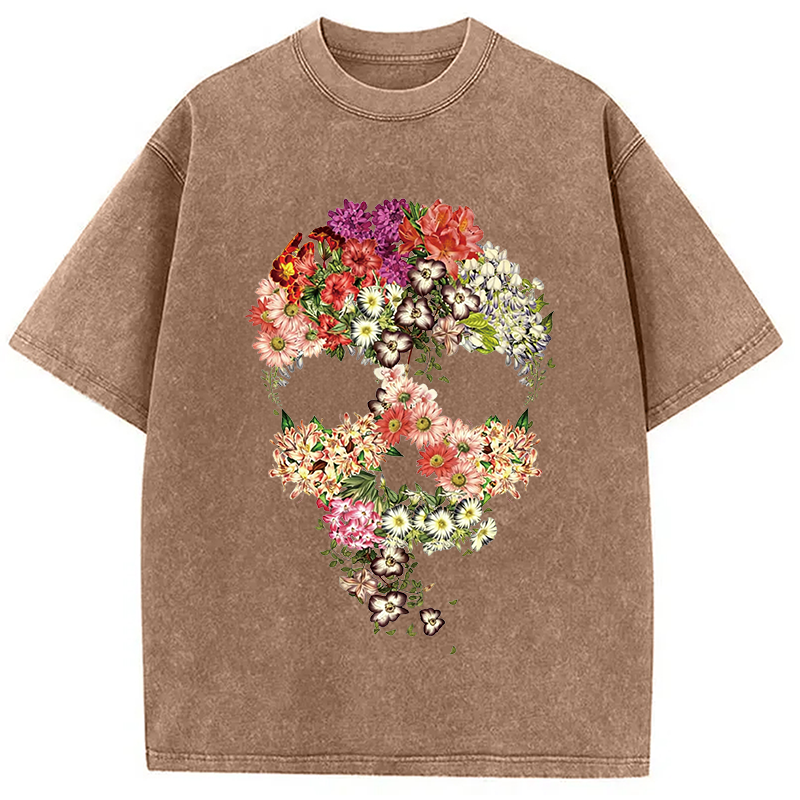 Modecanvas Skull Floral DTG Printing Washed T-Shirt
