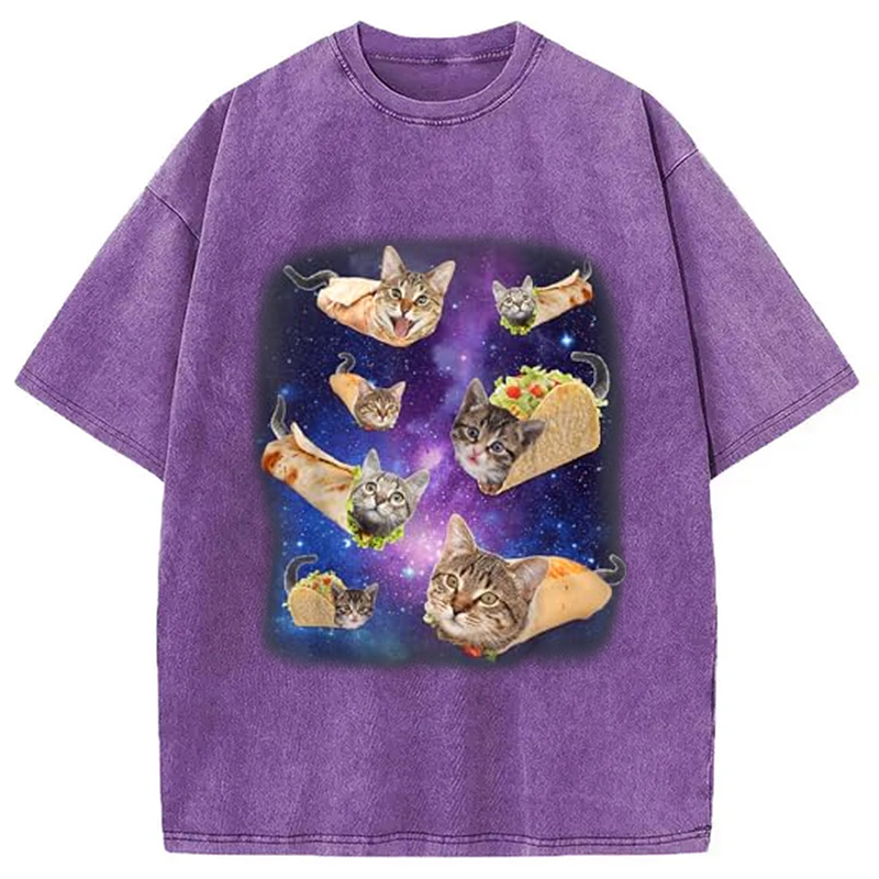 Modecanvas Burrito Cat and Taco Cat Space Galaxy Meme Washed T-Shirt