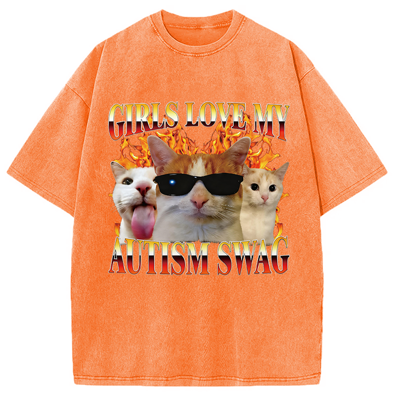 Modecanvas Girls Love My Autism Swag Funny Cat Meme DTG Printing Washed T-Shirt