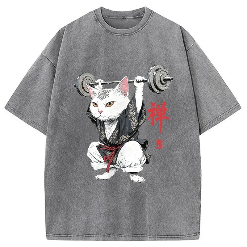 Modecanvas Zen Samurai Cat Weightlifter DTG Printing Washed T-Shirt