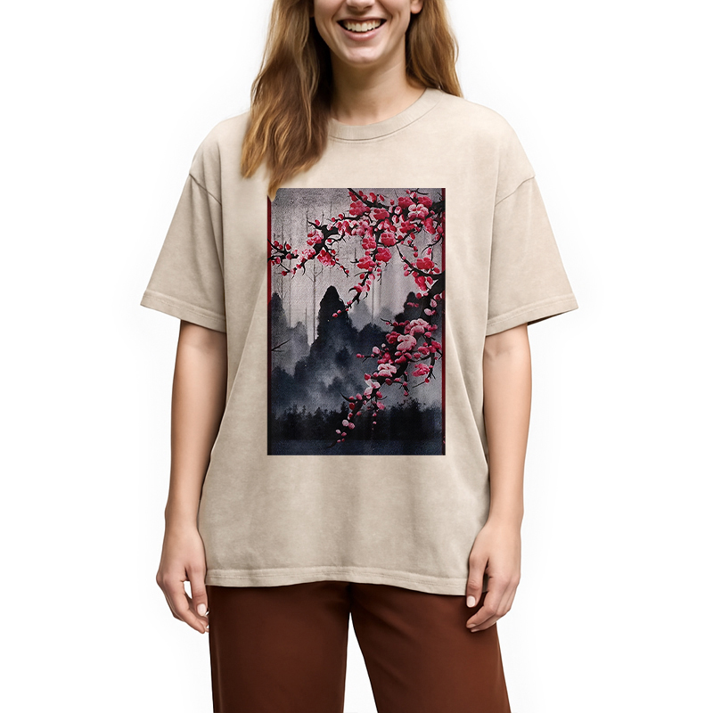 Modecanvas Cherry Blossom Woodblock Japanese Washed T-Shirt