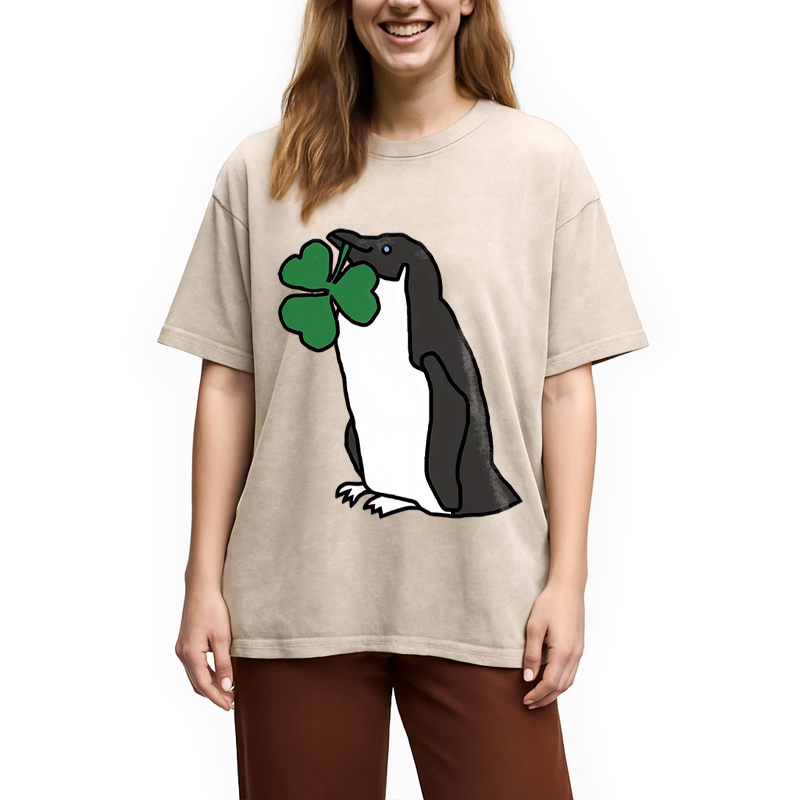 Modecanvas St Patricks Day Penguin DTG Printing Washed T-Shirt