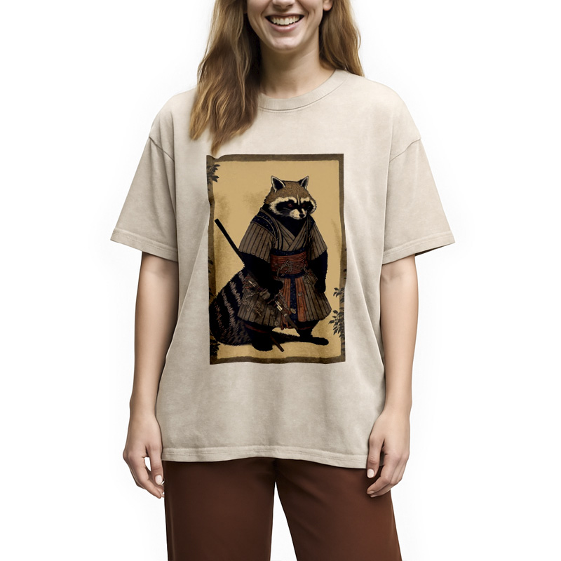 Modecanvas japanese Raccoon Samurai Washed T-Shirt