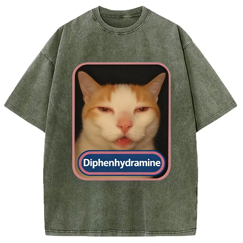 Modecanvas Pink Diphenhydramine Meme Cat Washed T-Shirt-modecanvas
