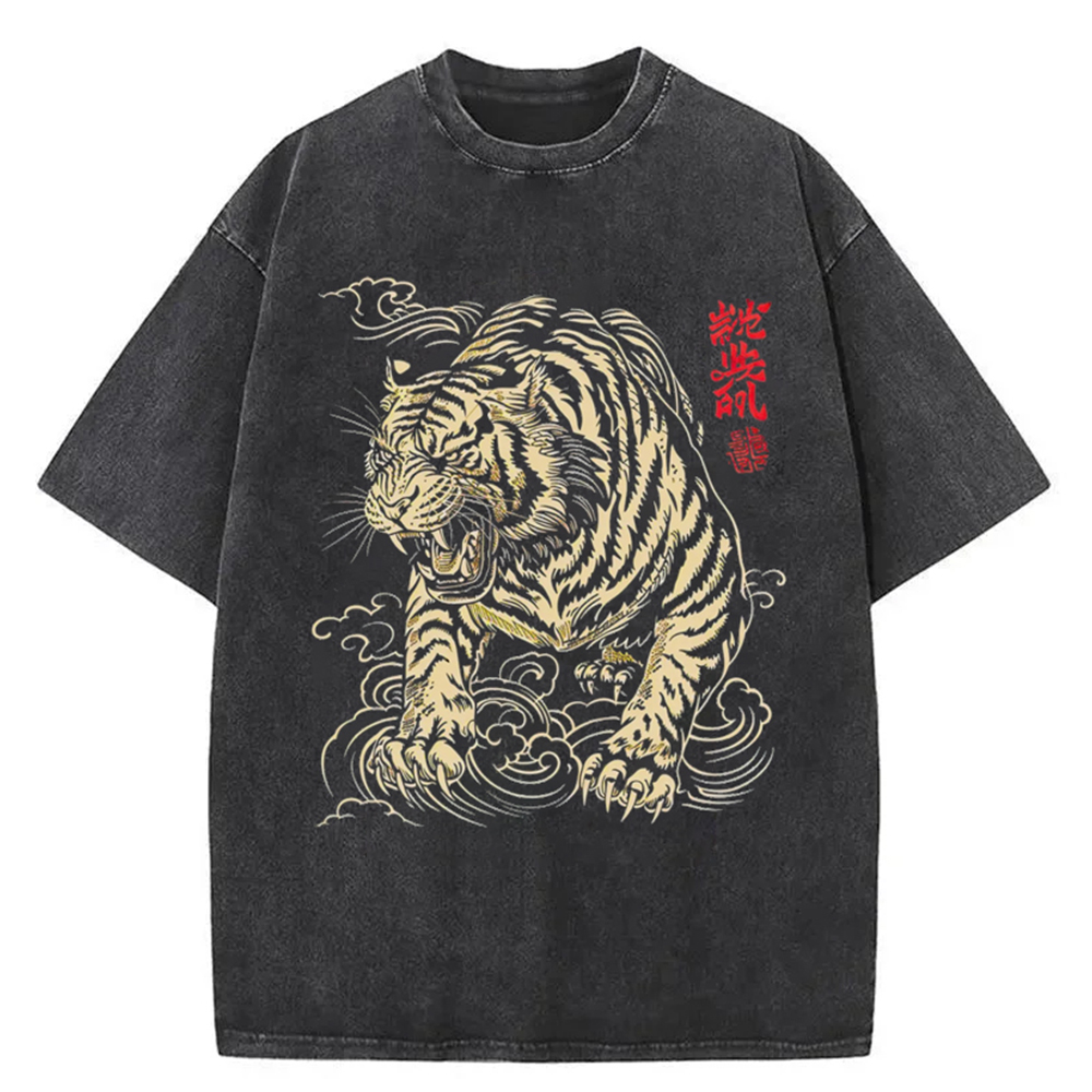 Modecanvas Japanese Tiger DTG Printing Washed T-Shirt-modecanvas