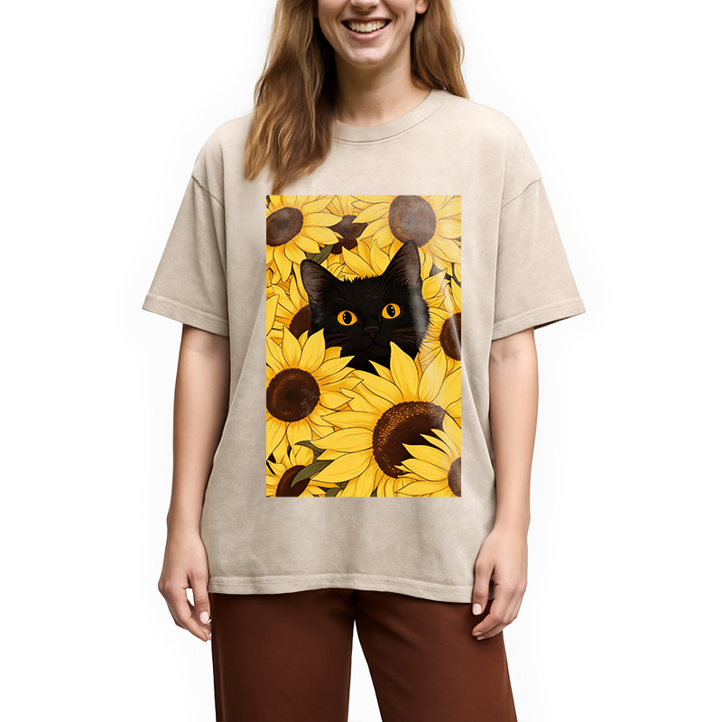Modecanvas Cat In The Sunflowers Washed T-Shirt