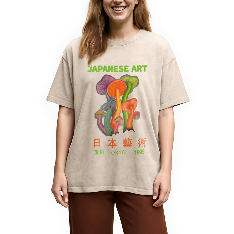 Modecanvas Colorful Mushrooms Japanese Art Washed T-Shirt