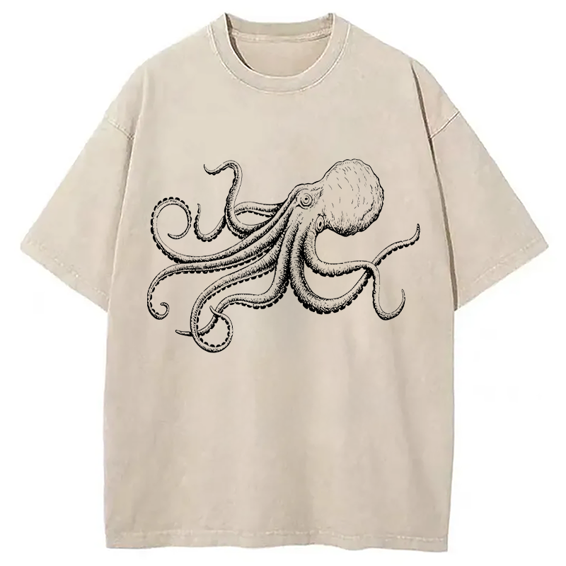 Modecanvas Octopus Japanese DTG Printing Washed T-Shirt