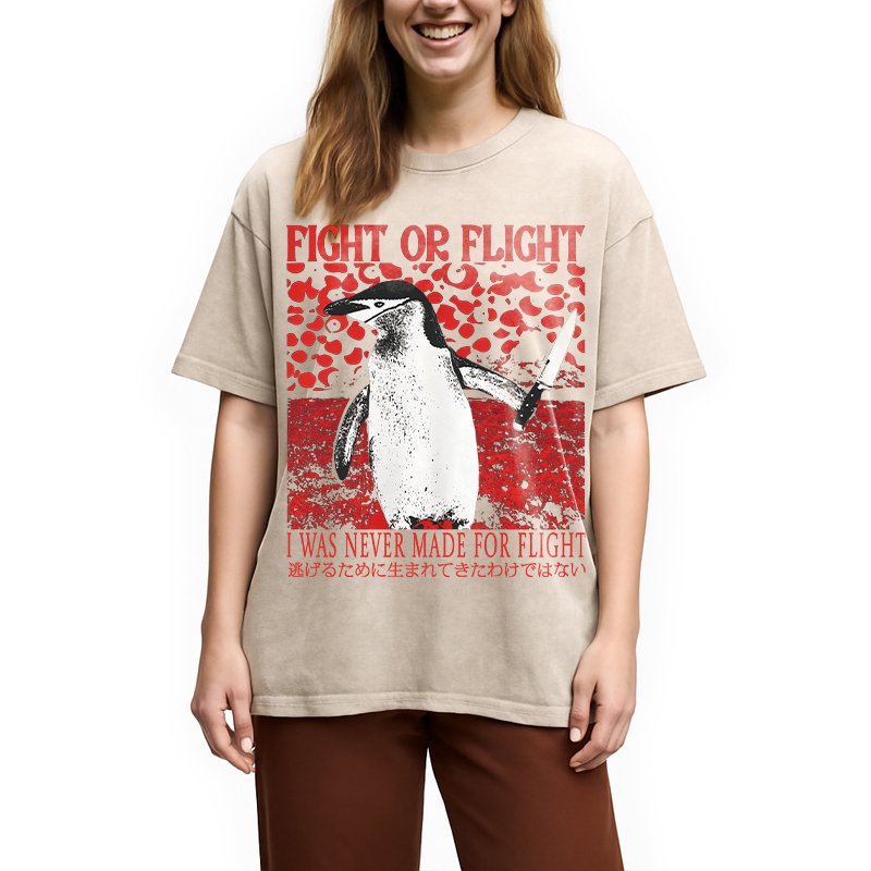 Modecanvas Vintage Japanese Funny Penguin DTG Printing Washed T-Shirt-modecanvas