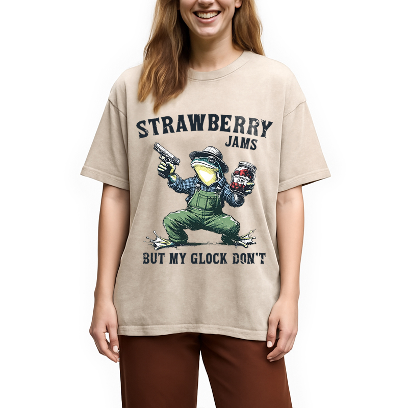 Modecanvas Funny Strawberry Frog Meme DTG Printing Washed T-Shirt