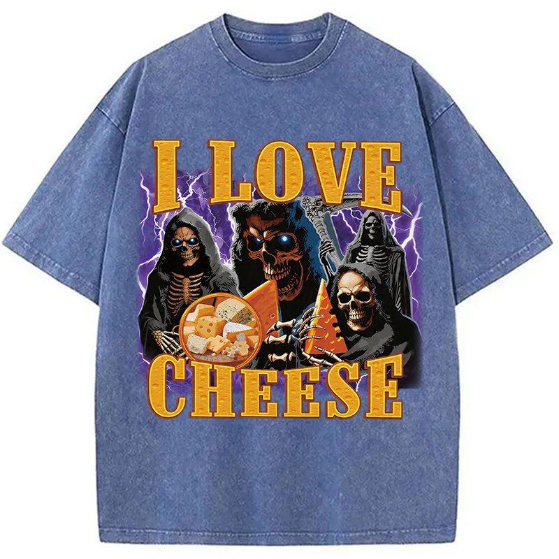 Modecanvas I Love Cheese Funny Skeleton Meme DTG Printing Washed T-Shirt