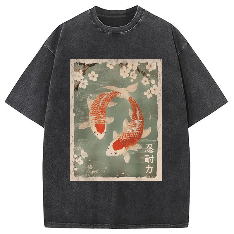 Modecanvas Koi fish and Cherry Blossom Washed T-Shirt
