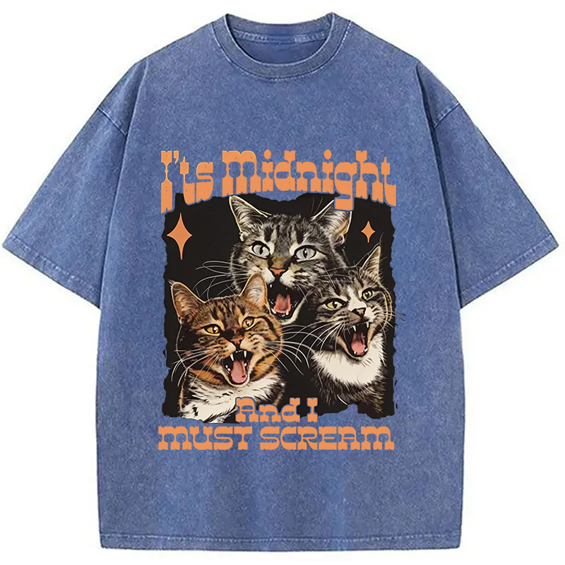 Modecanvas It's Midnight And I Must Scream Cat DTG Printing Washed T-Shirt