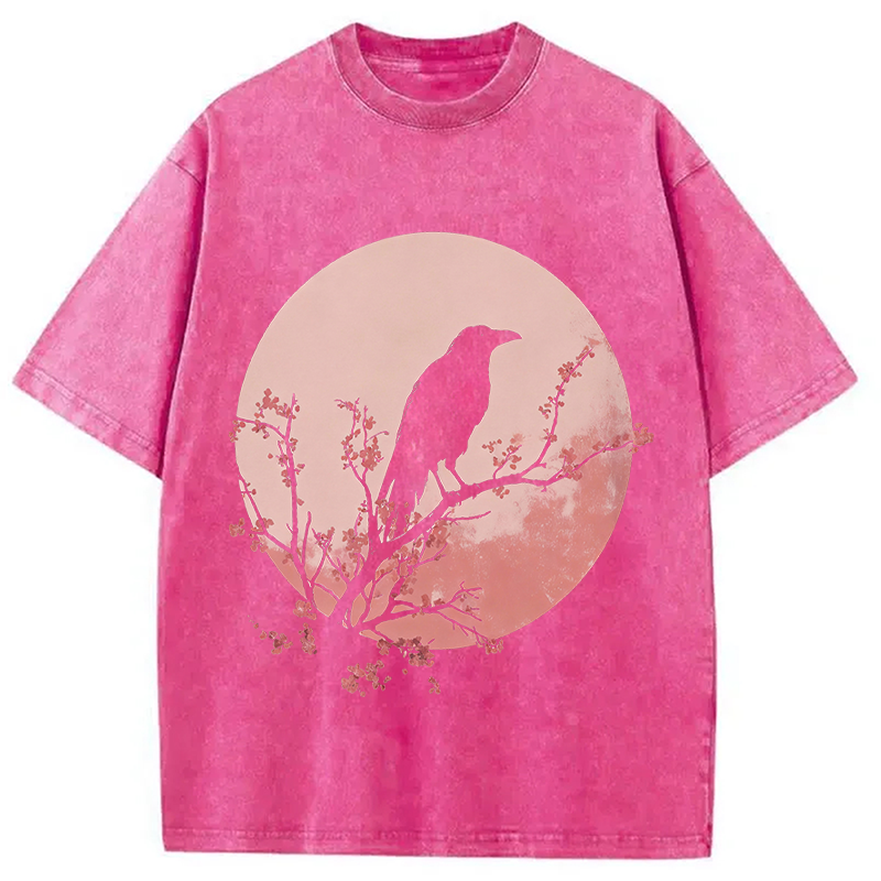 Modecanvas Crow Pink Moon DTG Printing Washed T-Shirt