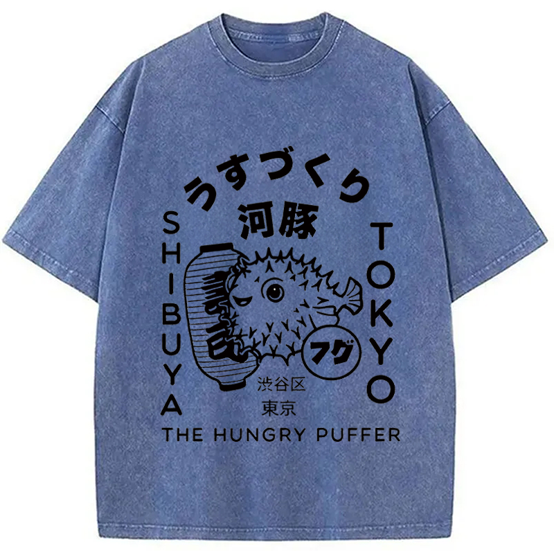 Modecanvas Japonais Puffer Fish DTG Printing Washed T-Shirt