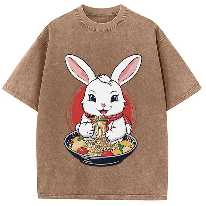 Modecanvas Cute Kawaii Rabbit Eating Ramen DTG Printing Washed T-Shirt