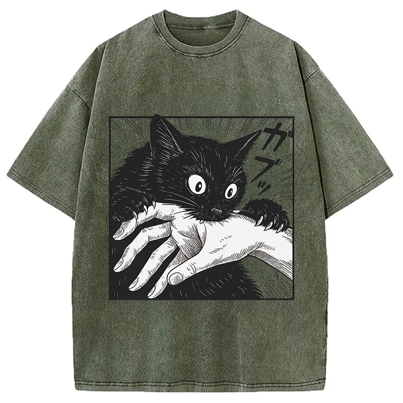 Modecanvas Vintage Black Cat Bite Washed T-Shirt