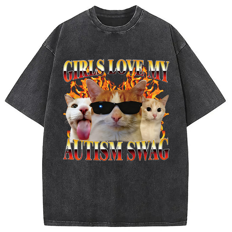 Modecanvas Girls Love My Autism Swag Funny Cat Meme DTG Printing Washed T-Shirt