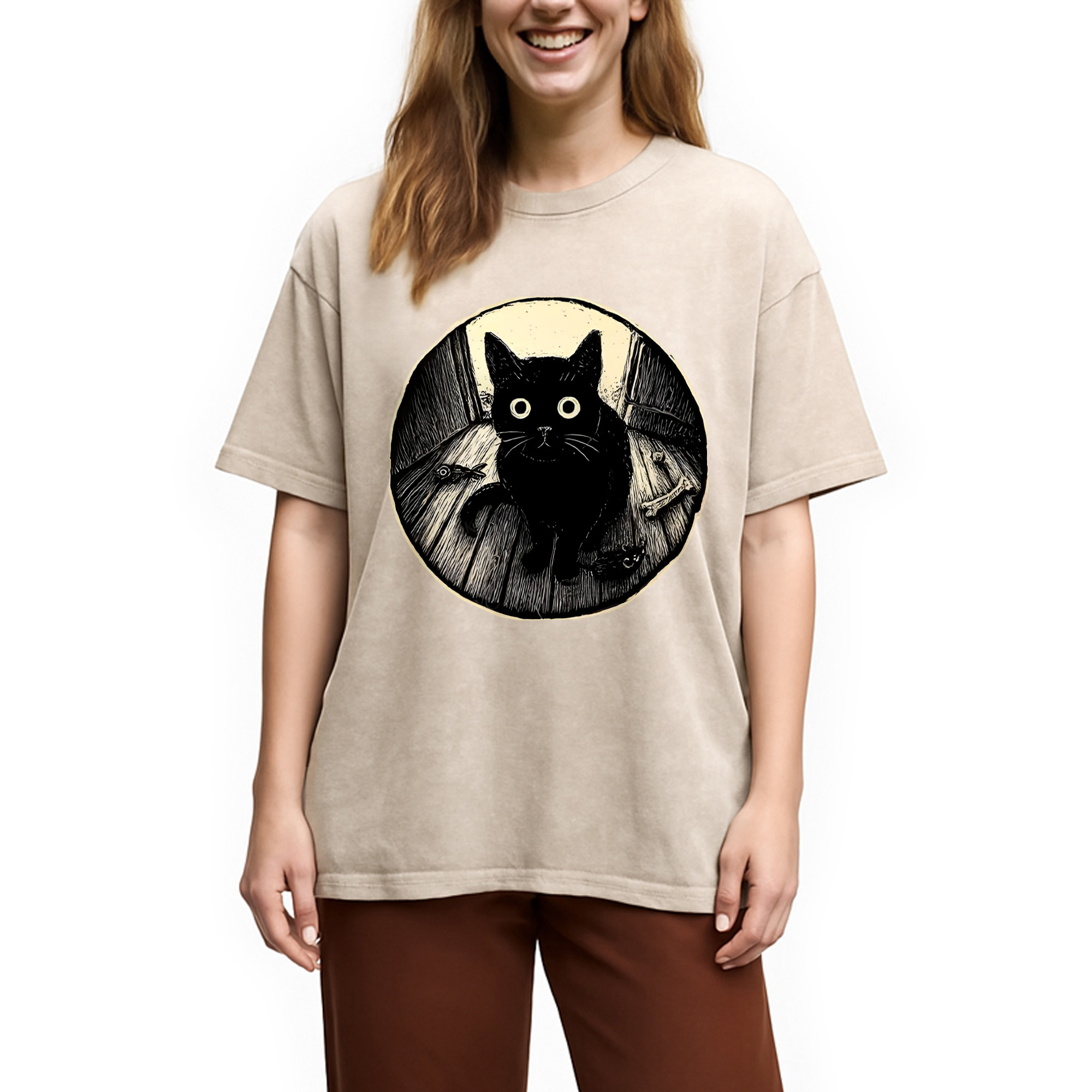 Modecanvas Waiting Black Cat Washed T-Shirt