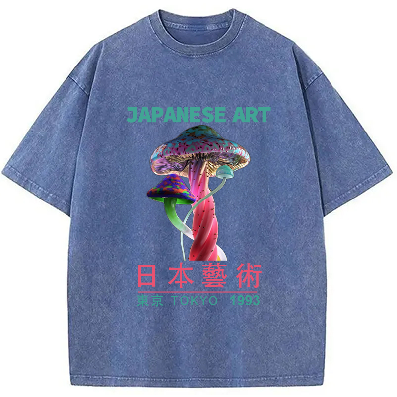Modecanvas Psychedelic Mushrooms Japanese Art Washed T-Shirt