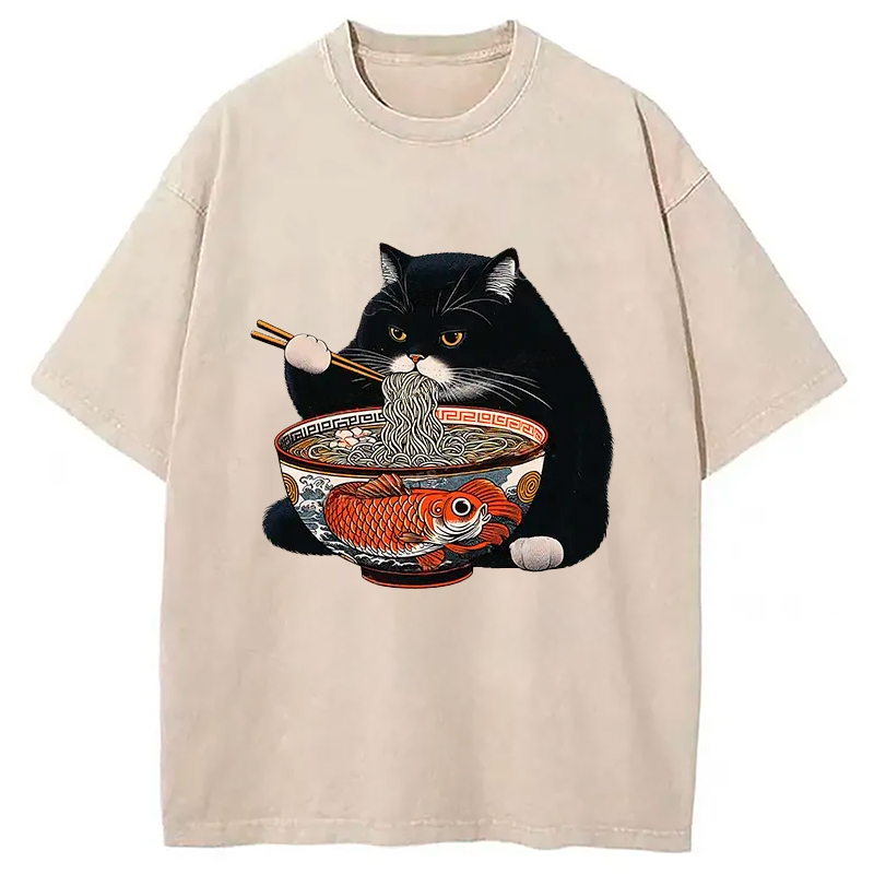 Modecanvas Fat Cat Eating Ramen Washed T-Shirt-modecanvas