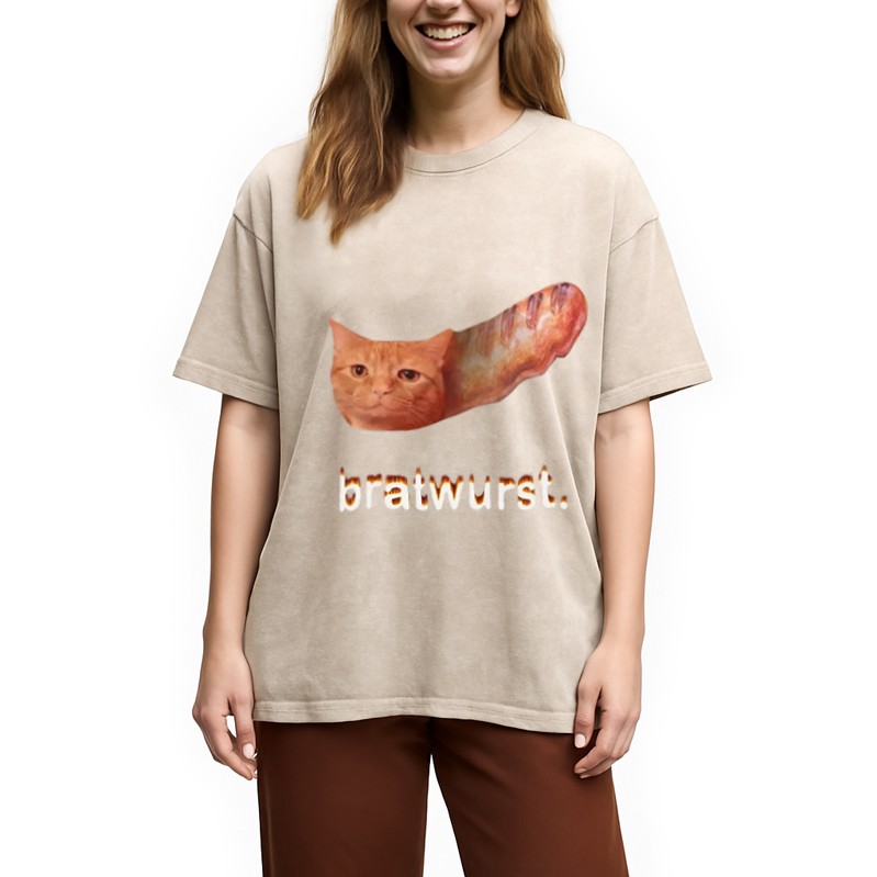 Modecanvas Bratwurst Cat Meme Washed T-Shirt