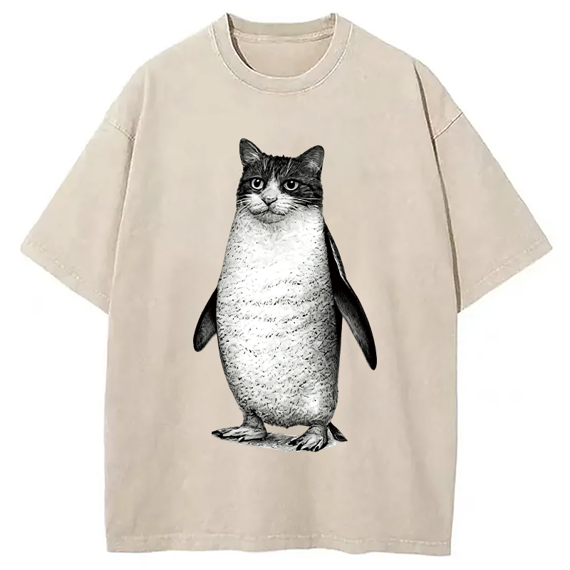 Modecanvas Penguin Cat DTG Printing Washed T-Shirt