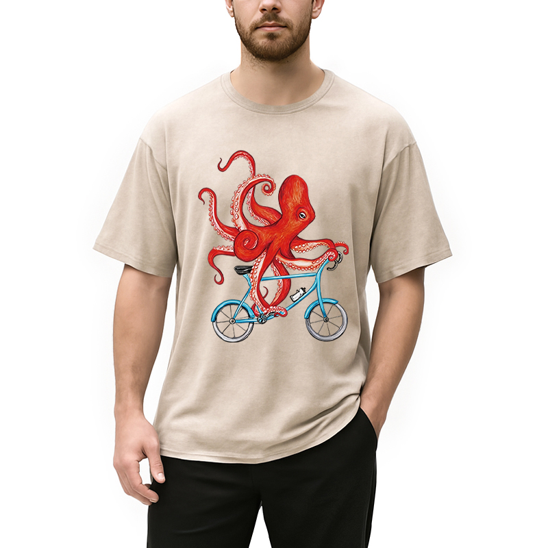 Modecanvas Octopus On A Bicycle Parody Meme DTG Printing Washed T-Shirt-modecanvas