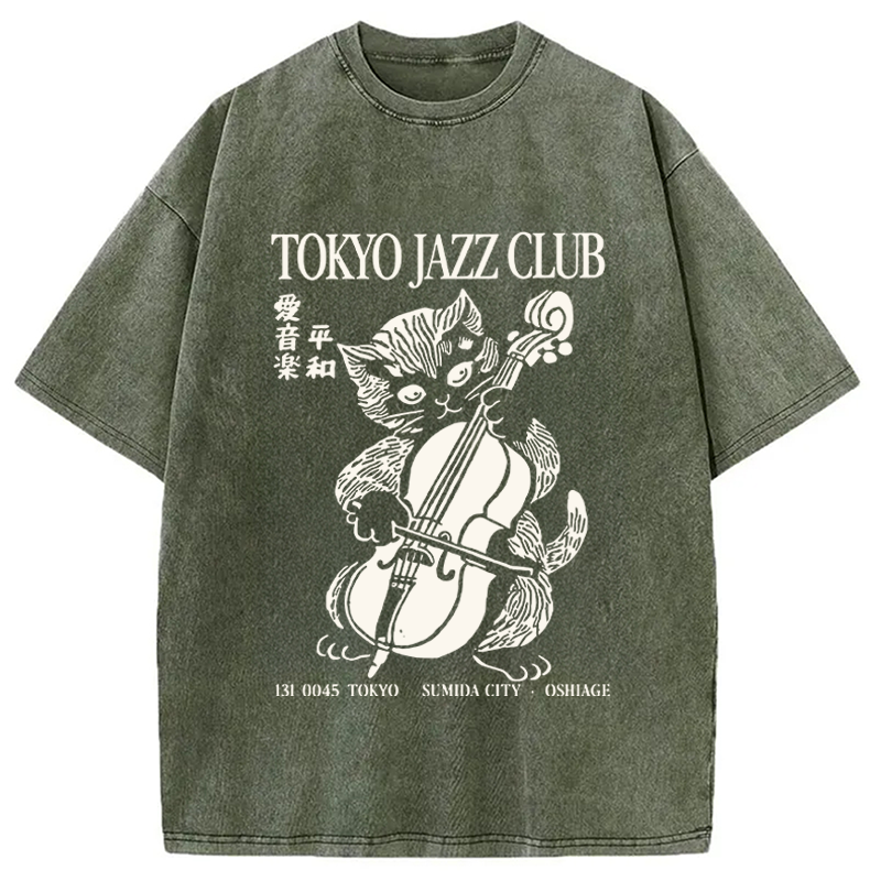Modecanvas Tokyo Jazz Kitty DTG Printing Washed T-Shirt