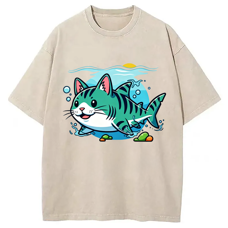 Modecanvas A Cat Shark Washed T-Shirt