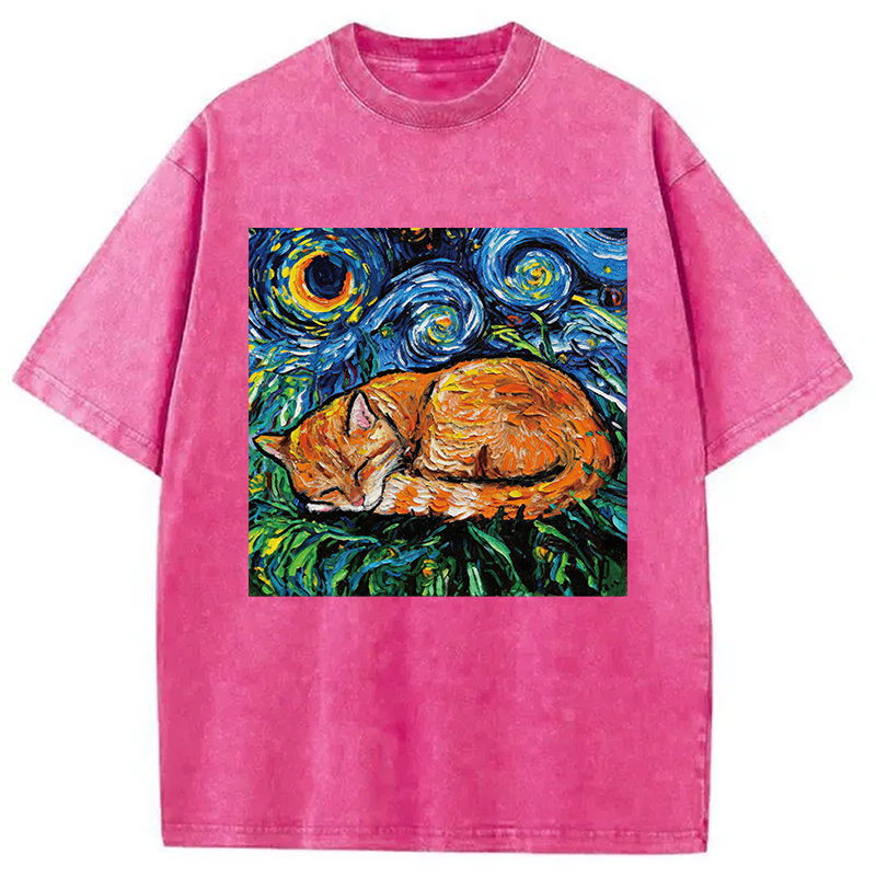 Modecanvas Orange Tabby Night full DTG Printing Washed T-Shirt