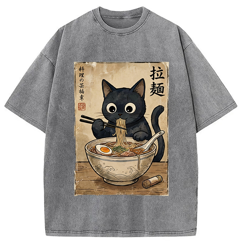 Modecanvas Kawaii Ramen Cat Retro DTG Printing Washed T-Shirt