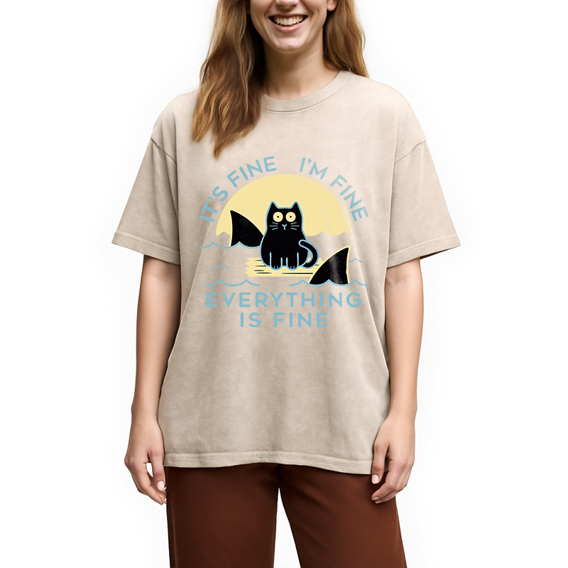 Modecanvas Everything Is Fine Cat Sea DTG Printing Washed T-Shirt
