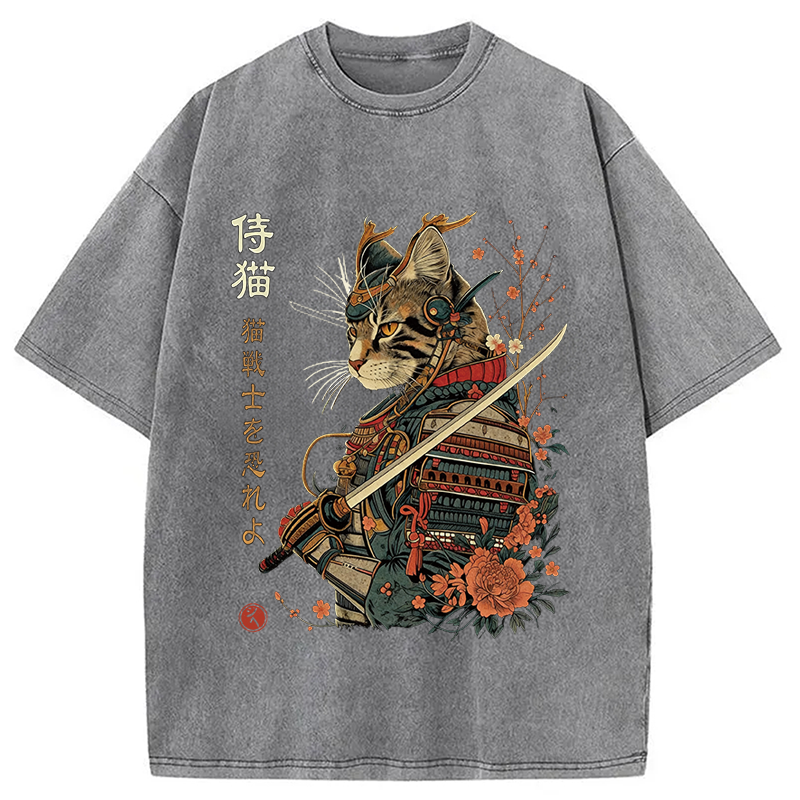 Modecanvas Japanese Samurai Cat DTG Printing Washed T-Shirt-modecanvas