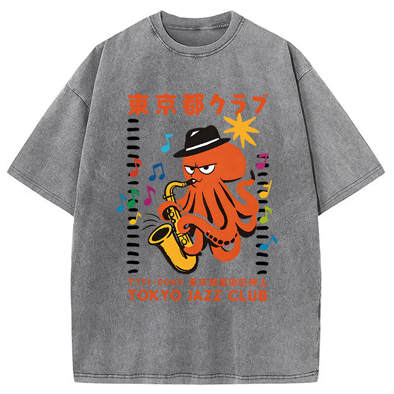 Modecanvas Japanese Octopus In Band DTG Printing Washed T-Shirt
