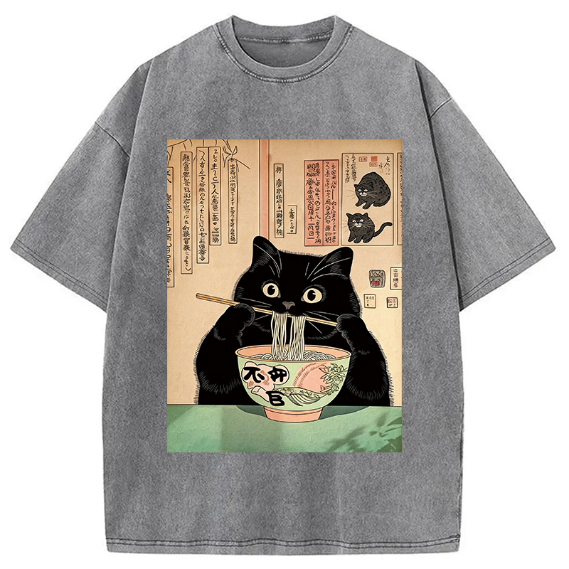 Modecanvas Black Cat Eating Noodles Washed T-Shirt