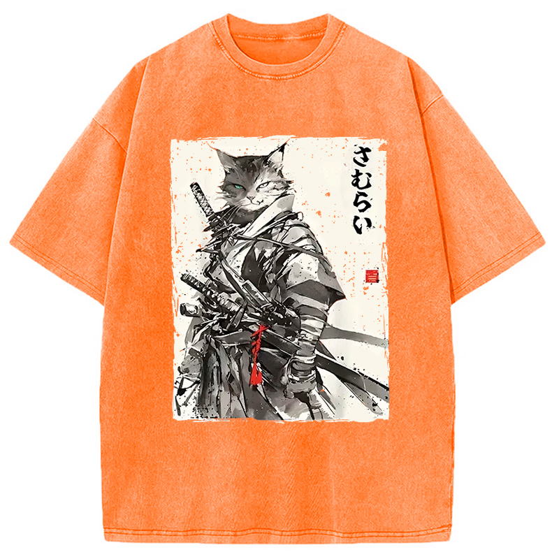 Modecanvas Retro Japanese Cat Samurai Washed T-Shirt